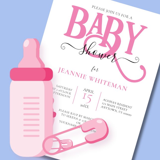 INVITATION FETE DE NAISSANCE DE BÉBÉ FILLE ROSE AVEC BIBERON (Créateur téléchargé)