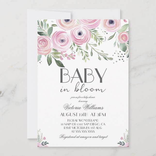 Invitation Fête de naissance de bébé fille rose Baby In Bloom (Devant)