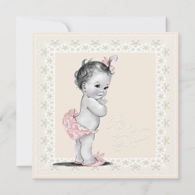Invitation Fête de naissance de bébé fille rose et ivoire (Devant)