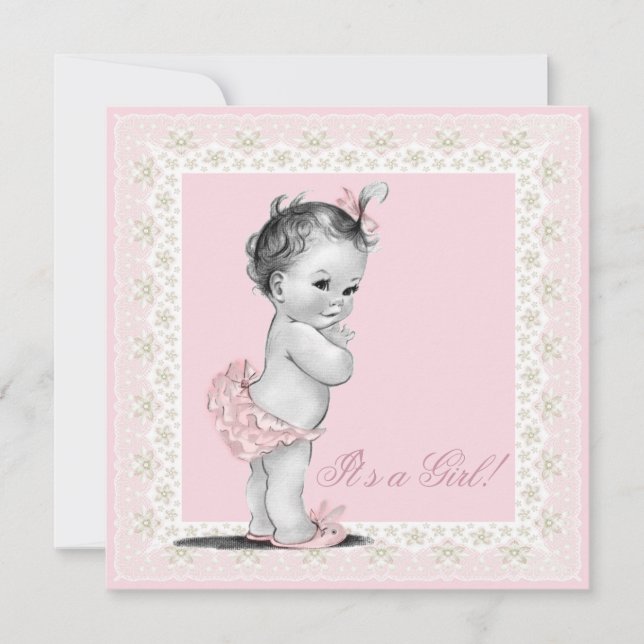 Invitation Fête de naissance de bébé fille rose et ivoire (Devant)