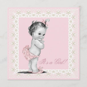 Invitation Fête de naissance de bébé fille rose et ivoire