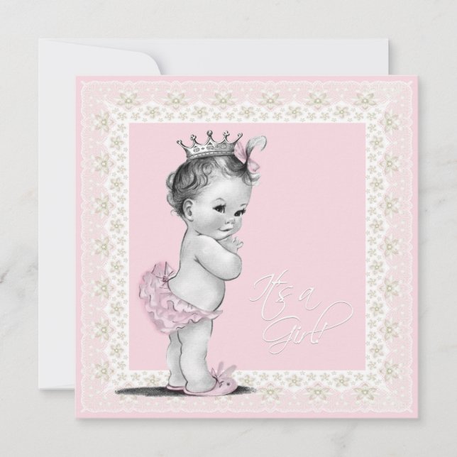 Invitation Fête de naissance de bébé fille rose et ivoire (Devant)