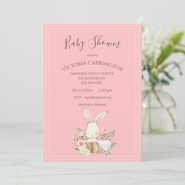 Invitation Fête de naissance de bébé fille rose florale aquar (Debout devant)
