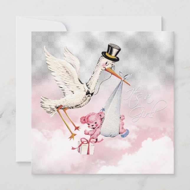 Invitation Fête de naissance de bébé fille Rose Stork (Devant)