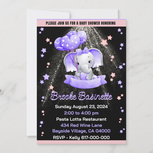 Invitation Fête de naissance de Bébé Fille Rose Violet Élépha (Devant)