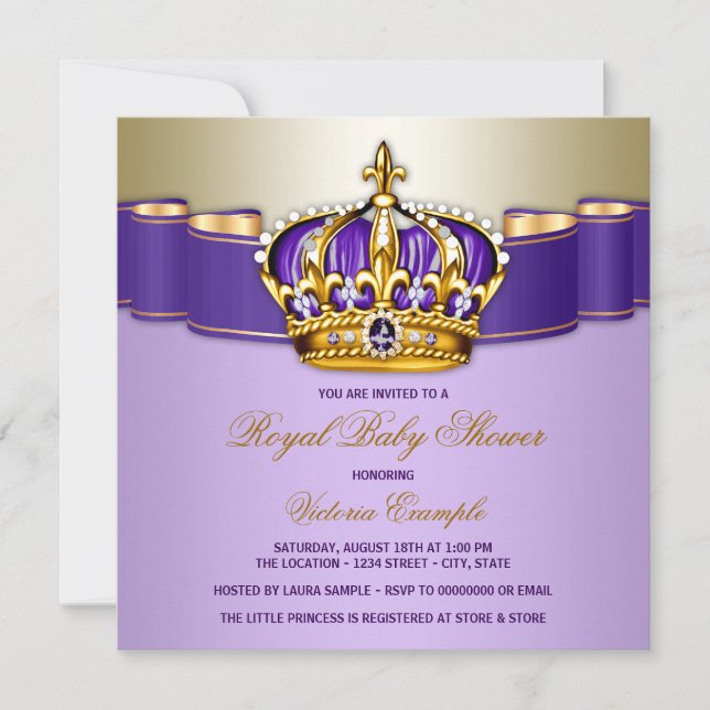 Invitation Fête de naissance de bébé fille royale violet or (Devant)