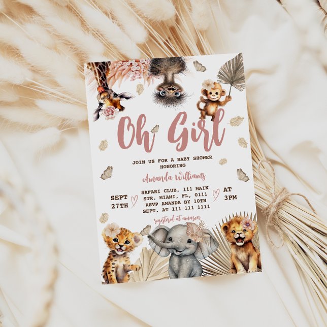 Invitation Fête de naissance de bébé fille Safari Jungle Flor (Créateur téléchargé)