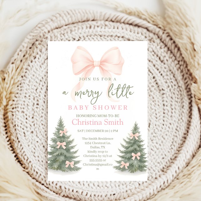 Invitation Fête de naissance de bébé fille sapins Hiver Nœud  (Créateur téléchargé)