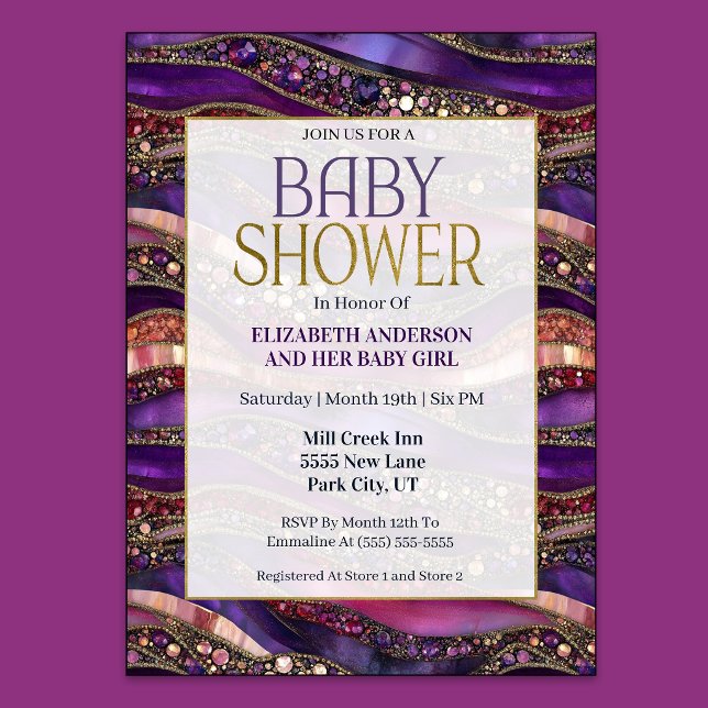Invitation Fête de naissance de bébé fille Strata en or viole (Purple and Gold Jeweled Strata Baby Shower Invitation)