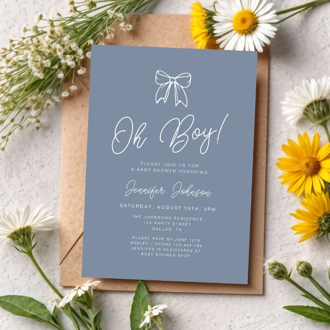 Invitation Fête de naissance de bébé garçon à l'arc en ciel b (Dusty Blue Coquette Bow Boy Baby Shower Invitation)