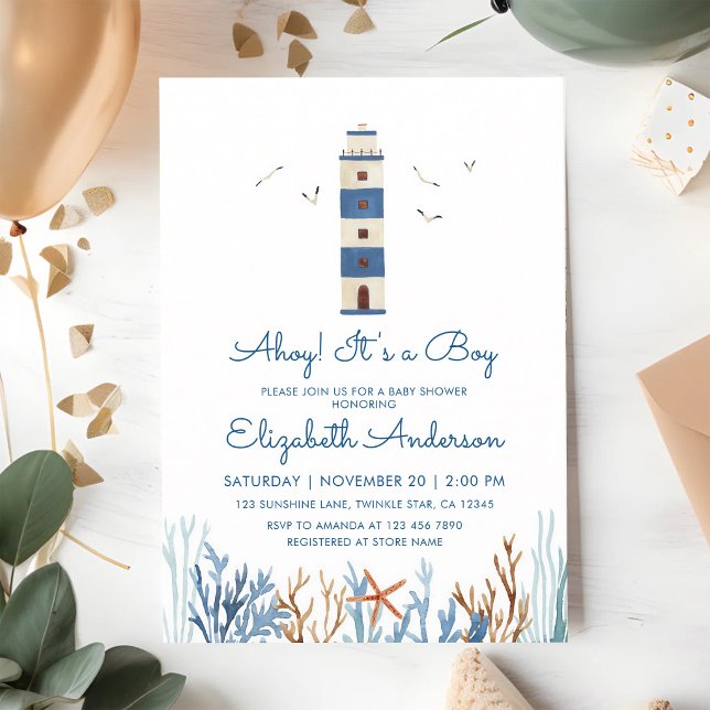 Invitation Fête de naissance de bébé garçon au phare à l'aqua (Créateur téléchargé)