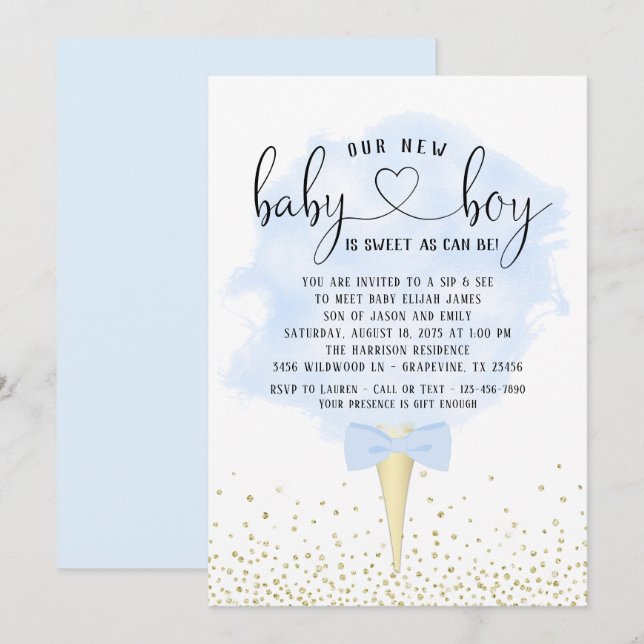 Invitation Fête de naissance de bébé garçon avec barbe à papa (Devant / Derrière)
