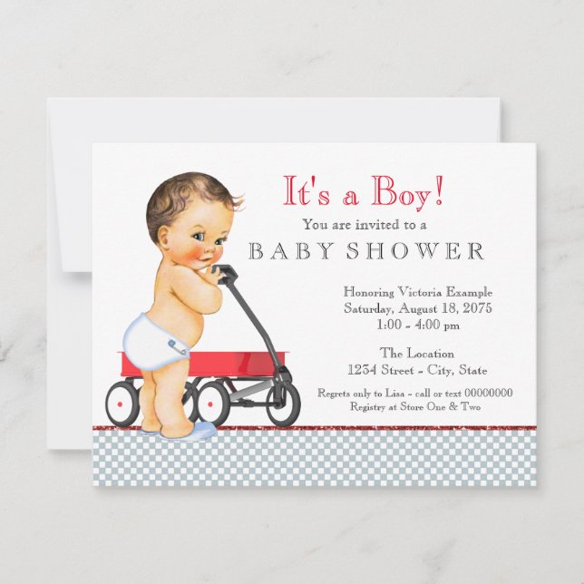 Invitation Fête de naissance de bébé garçon avec chariot roug (Devant)