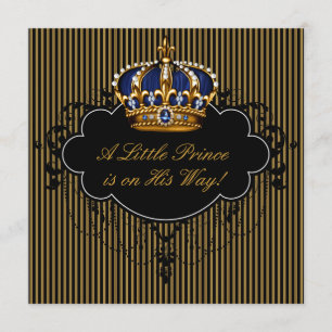 Invitation Fête de naissance de bébé garçon bleu noir or Prin
