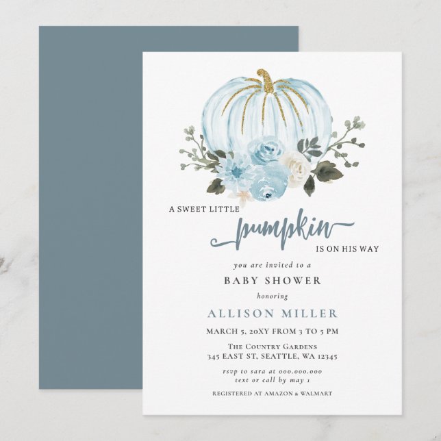 Invitation Fête de naissance de bébé garçon citrouille bleue  (Devant / Derrière)