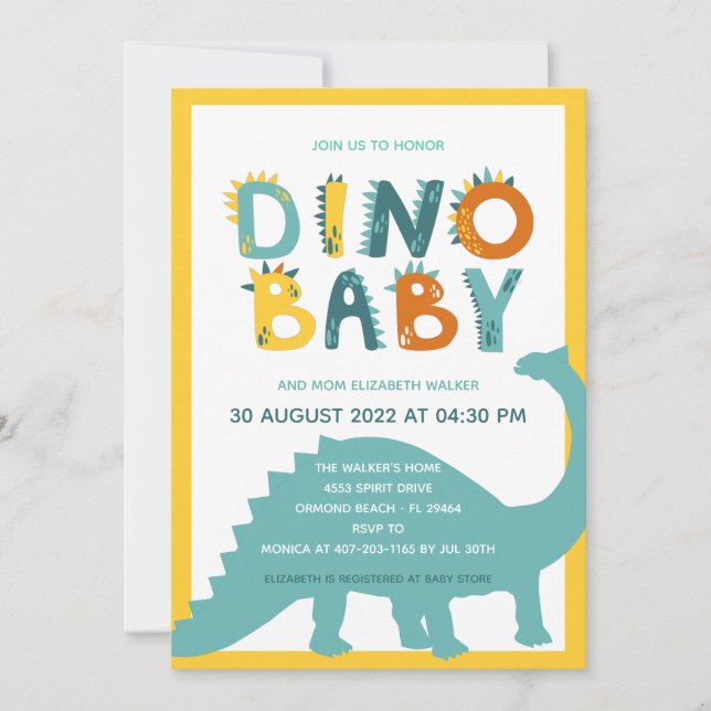 Invitation Fête de naissance de bébé garçon dinosaure  (Devant)