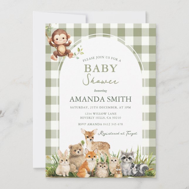 Invitation Fête de naissance de bébé garçon forêt de bois ver (Devant)