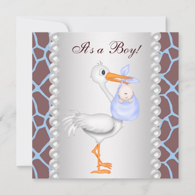 Invitation Fête de naissance de bébé garçon girafe bleu marro (Devant)