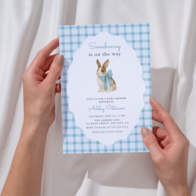 Invitation Fête de naissance de bébé garçon lapin en vichy bl (Créateur téléchargé)