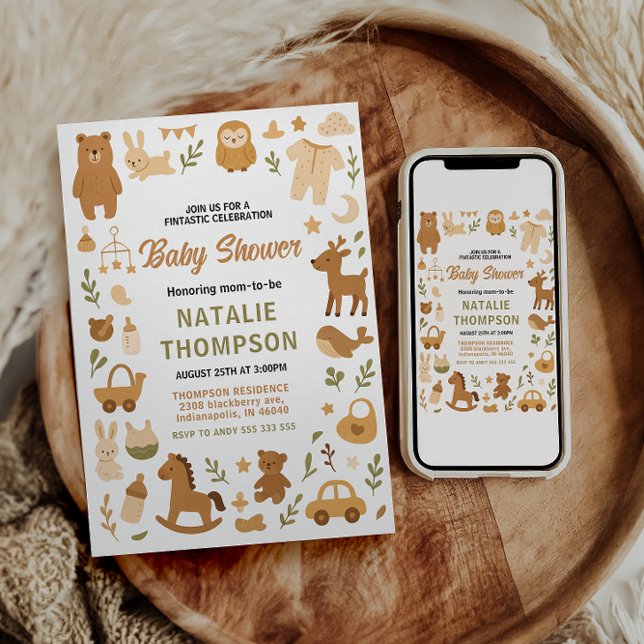 Invitation Fête de naissance de bébé garçon neutre | Mignon a (Neutral Baby Boy Shower | Cute Safari Animal Invitation)