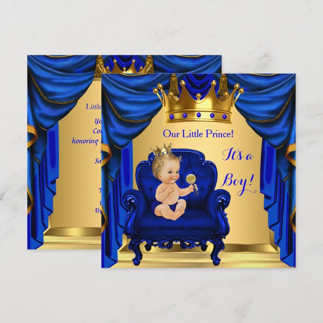 Invitation Fête de naissance de bébé garçon Prince Royal Bleu (Devant / Derrière)