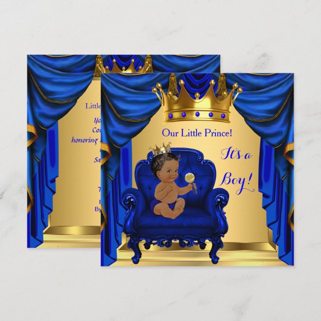 Invitation Fête de naissance de bébé garçon Prince Royal Bleu (Devant / Derrière)