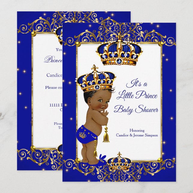 Invitation Fête de naissance de bébé garçon royal bleu et or  (Devant / Derrière)