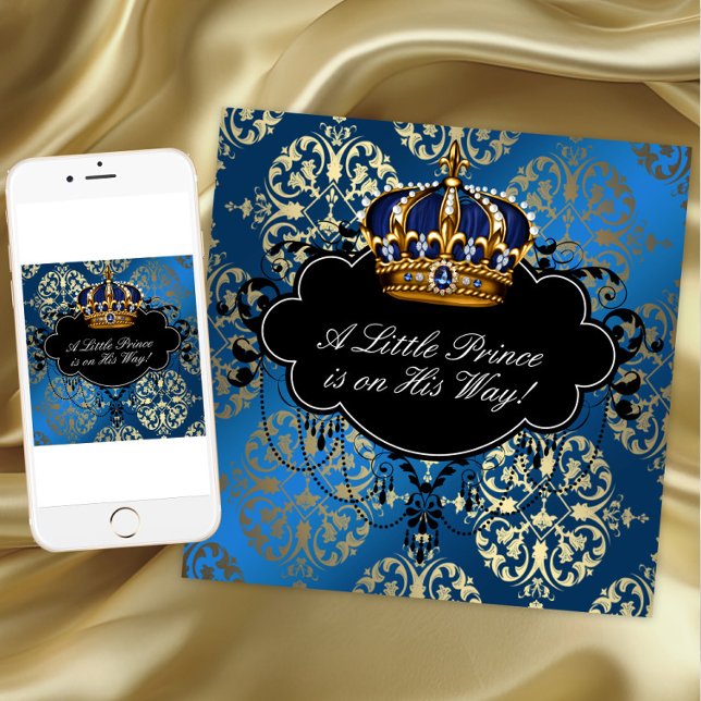 Invitation Fête de naissance de bébé garçon Royal Navy bleu e (Blue gold prince baby shower invitation. Add your text to front and back. Download and printed.)