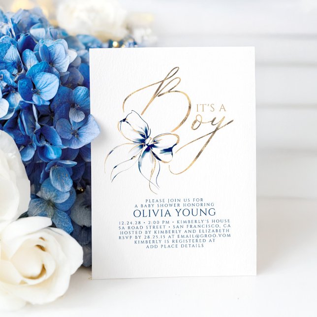 Invitation Fête de naissance de bébé garçon Ruban Bleu Marine (Navy Blue And Gold Bow It's A Boy Baby Shower Invitation)