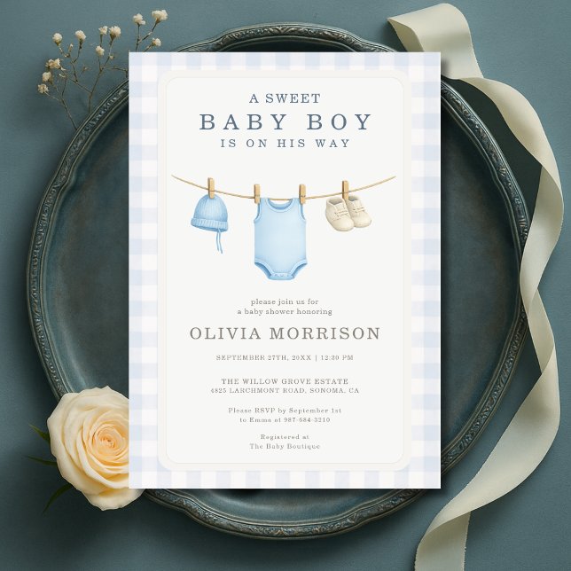 Invitation Fête de naissance de bébé garçon sur un fil à ling (Créateur téléchargé)