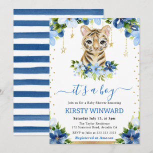 Invitation Fête de naissance de bébé garçon Tigre floral aqua