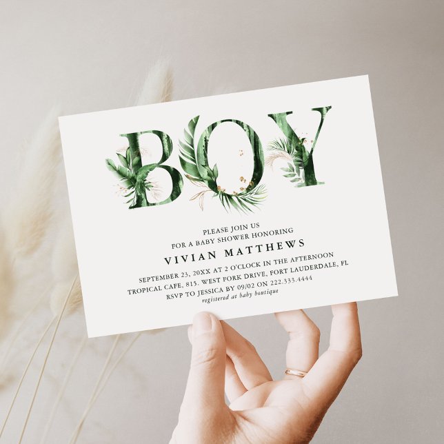 Invitation Fête de naissance de bébé garçon vert tropical et  (Créateur téléchargé)