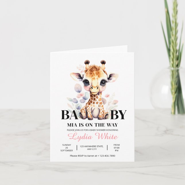Invitation Fête de naissance de bébé girafe EDITABLE fille (Devant)