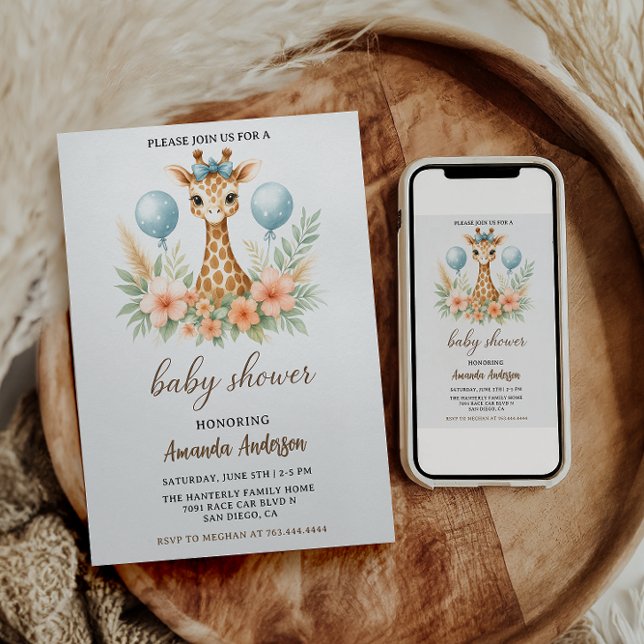 Invitation Fête de Naissance de Bébé Girafeau Mignon Garçon | (Créateur téléchargé)