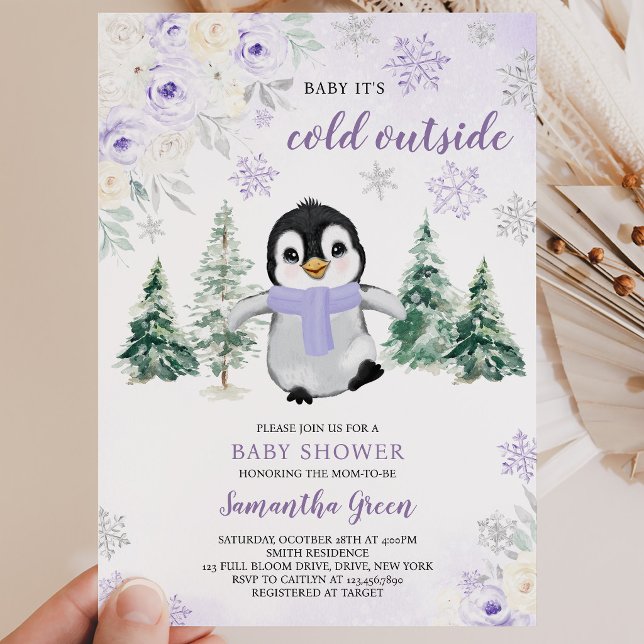 Invitation Fête de naissance de bébé manchot d'hiver violet (Créateur téléchargé)
