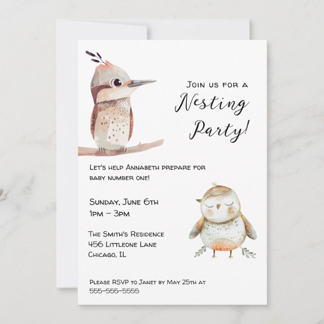 Invitation Fête de Naissance de Bébé Oiseau Genre Neutre (Devant)