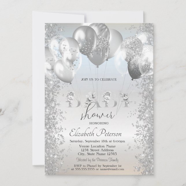 Invitation Fête de naissance de bébé paillettes argentées con (Devant)