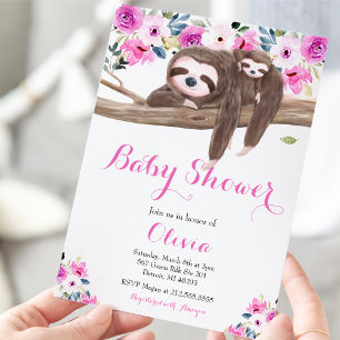 Invitation Fête de naissance de bébé paresseux floral rose