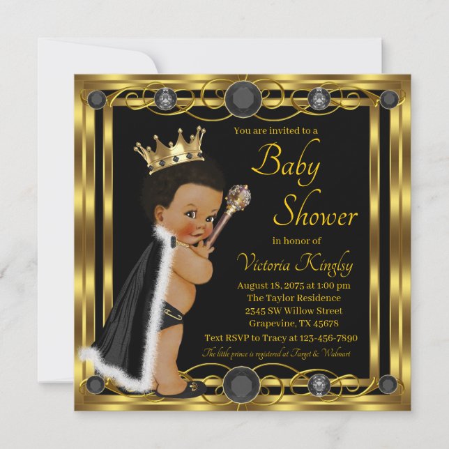 Invitation Fête de naissance de bébé prince Afro Or Noir (Devant)