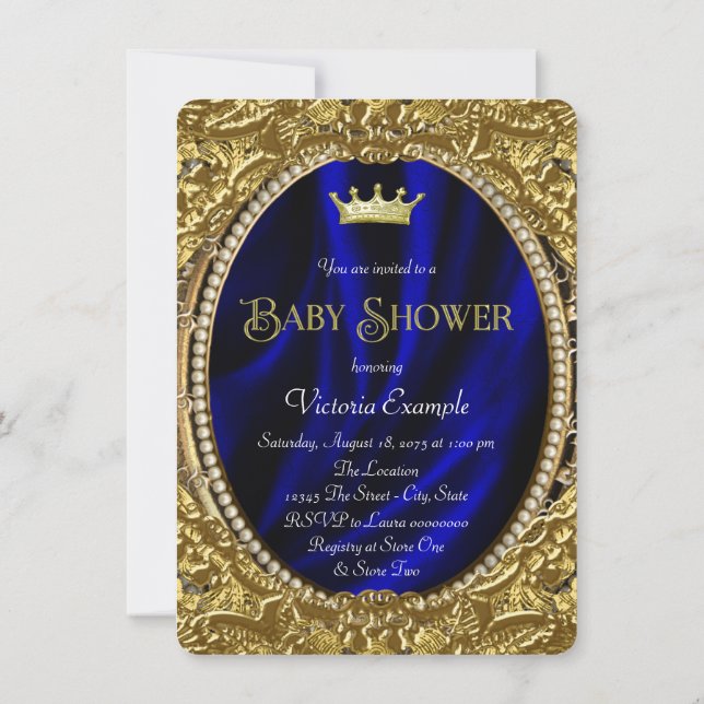 Invitation Fête de naissance de bébé prince bleu royal et or  (Dos)