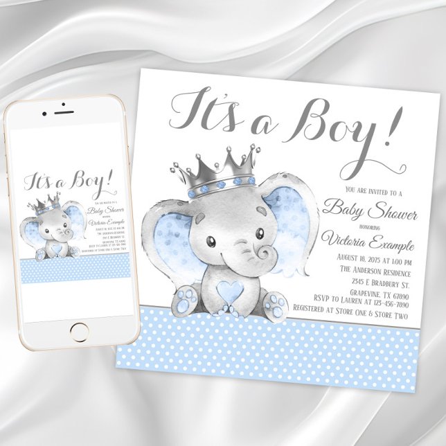 Invitation Fête de naissance de bébé Prince Éléphant (Boy elephant baby shower invitation. Instant download and printed invitations are available.)