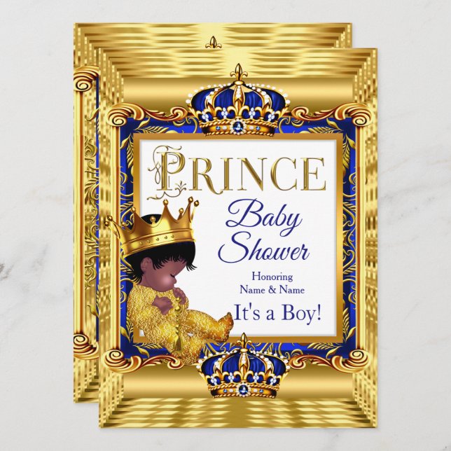Invitation Fête de naissance de bébé prince foncé doré ethniq (Devant / Derrière)