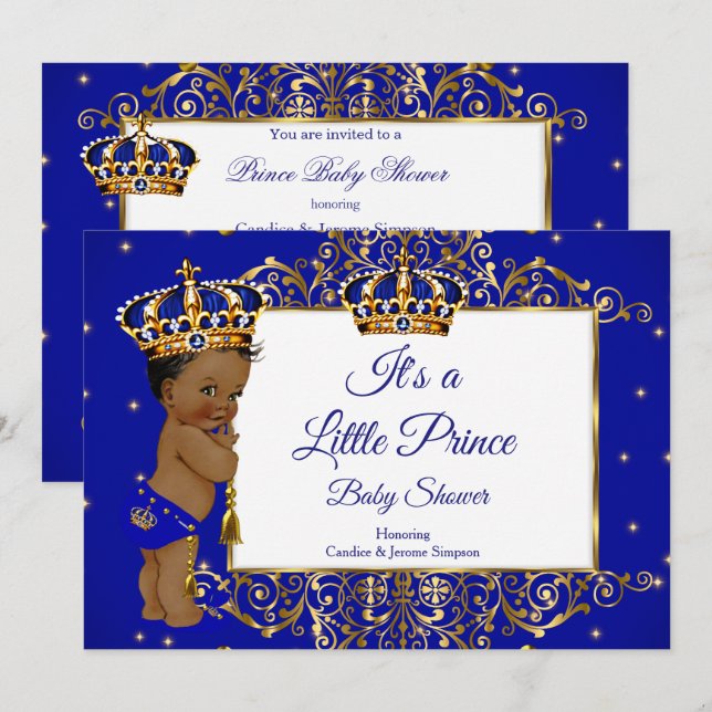 Invitation Fête de naissance de bébé prince garçon Royal Bleu (Devant / Derrière)