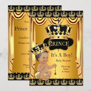 Invitation Fête de naissance de bébé prince royal Noir Or Bru
