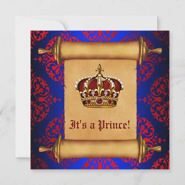 Invitation Fête de naissance de bébé prince royal rouge et bl (Devant)
