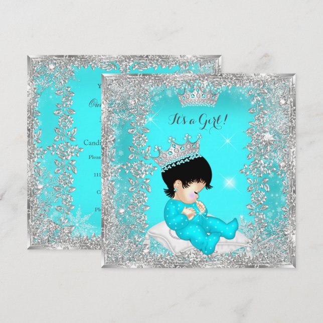 Invitation Fête de naissance de bébé princesse Bleu sarcelle  (Devant / Derrière)