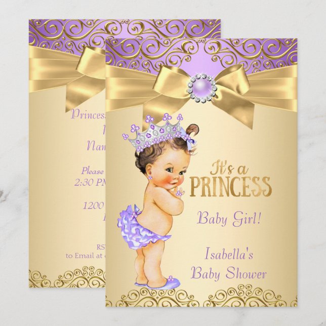 Invitation Fête de naissance de bébé princesse damas or viole (Devant / Derrière)