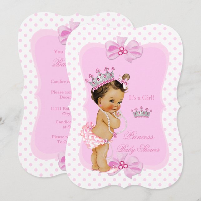Invitation Fête de naissance de bébé princesse fille Brunette (Devant / Derrière)