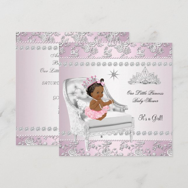 Invitation Fête de naissance de bébé princesse fille rose cha (Devant / Derrière)