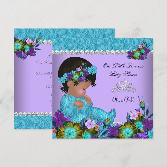 Invitation Fête de naissance de bébé princesse fille sarcelle (Devant / Derrière)